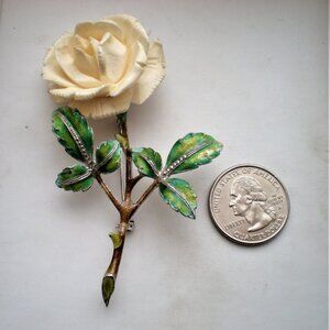 LARGE Sterling Silver Enamel Carved Bakelite Rose Flower Lady Bug Pin Brooch